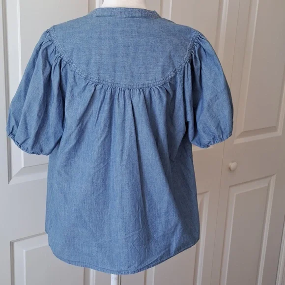 J.Crew Womens Preppy Chambray Puff Short Sleeve Button Down Tunic Blouse M - Picture 3 of 8
